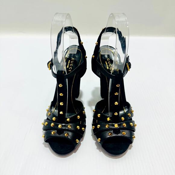 Gucci Sandals 37 /US 7 Black Suede Leather Gold Studded T-Strap High Heel - Picture 3 of 10